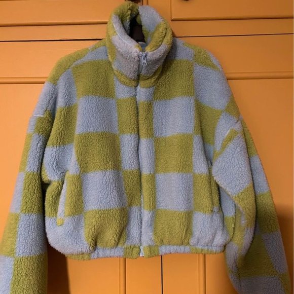 Urban Outfitters Olivia Blue Green Mod Checkered Sherpa Jacket. Unworn. Size XS - Picture 5 of 7